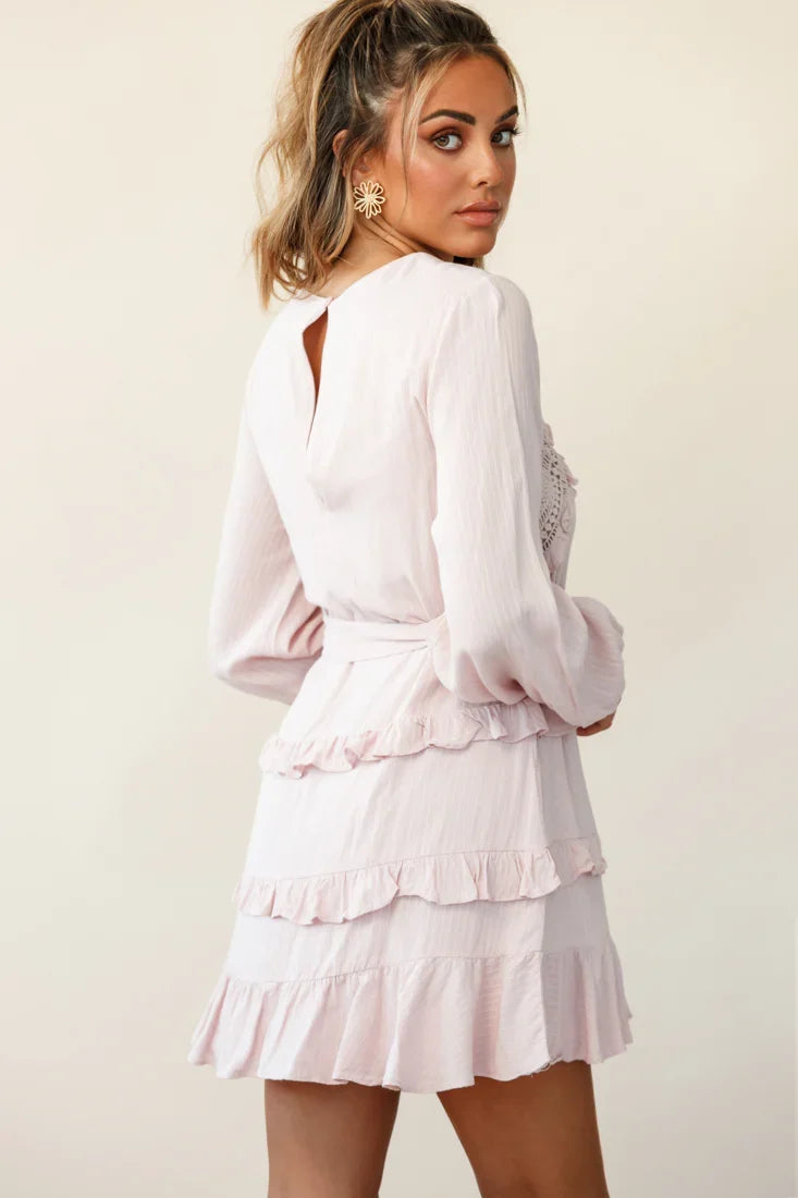 Dusk Long Sleeve Waist Tie Frill Dress Blush