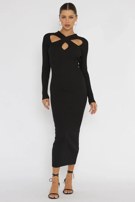 One Mind Cut-Out Neckline Knit Midi Dress Black