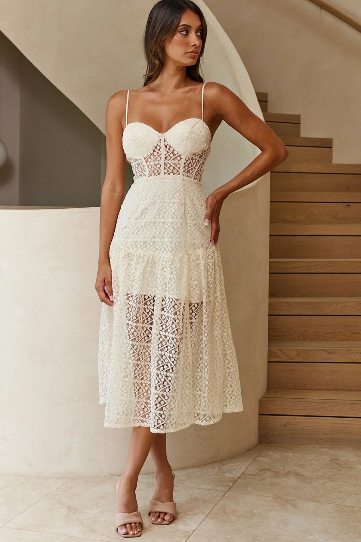 Daytona Lace Overlay Padded Bust Midi Dress Beige