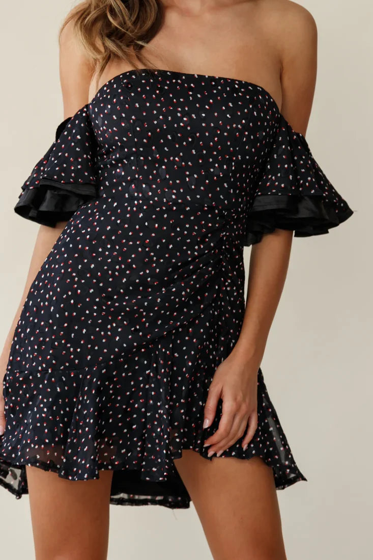 Lure Off-Shoulder Ruched Dress Speckle Print Black