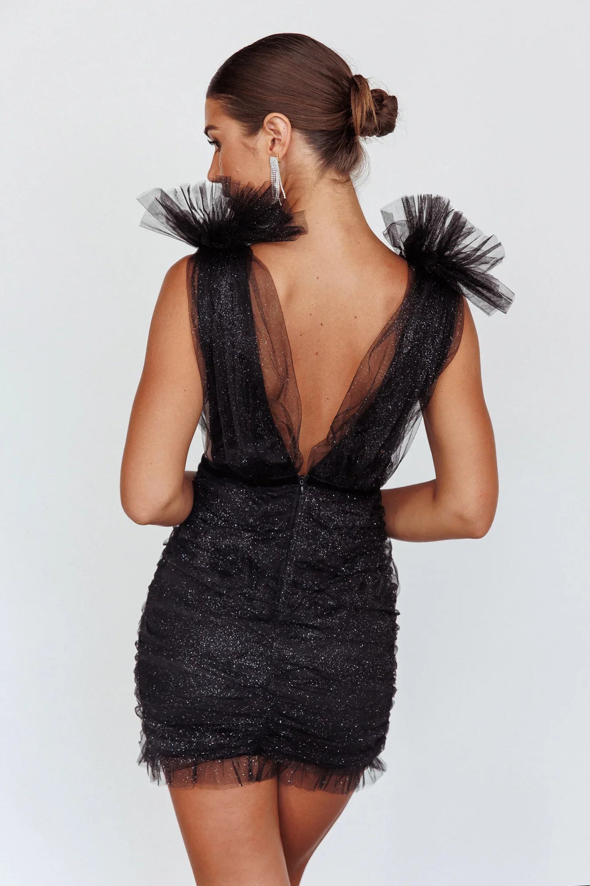 Ludivine Shoulder Accent Mesh Mini Dress Black Glitter