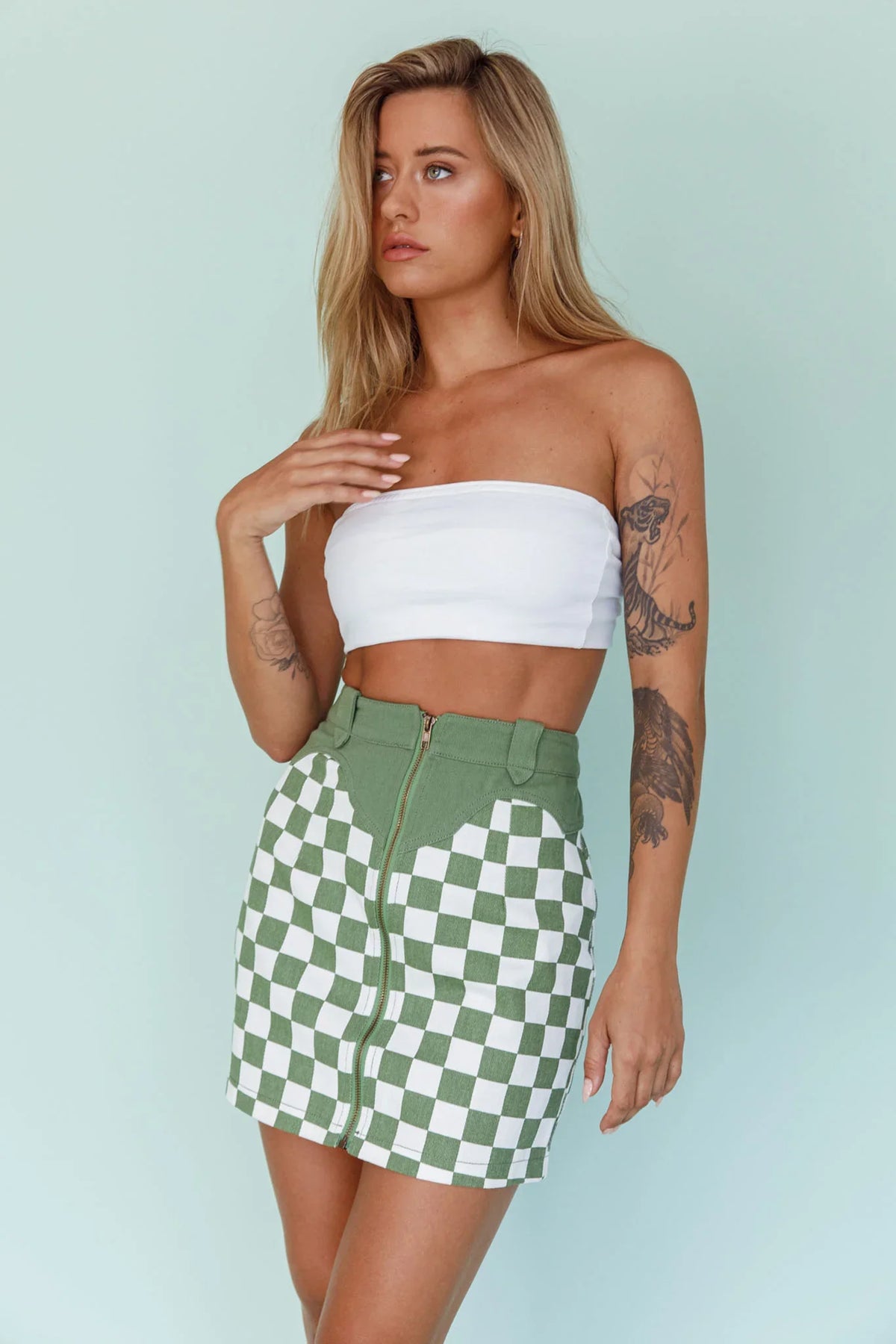 Rewind Zipper Front Mini Skirt Checkered Green