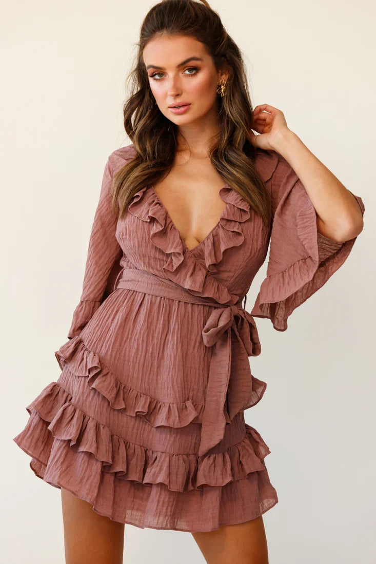 Time Will Tell Angel Sleeve Frill Detail Dress Antique Rose
