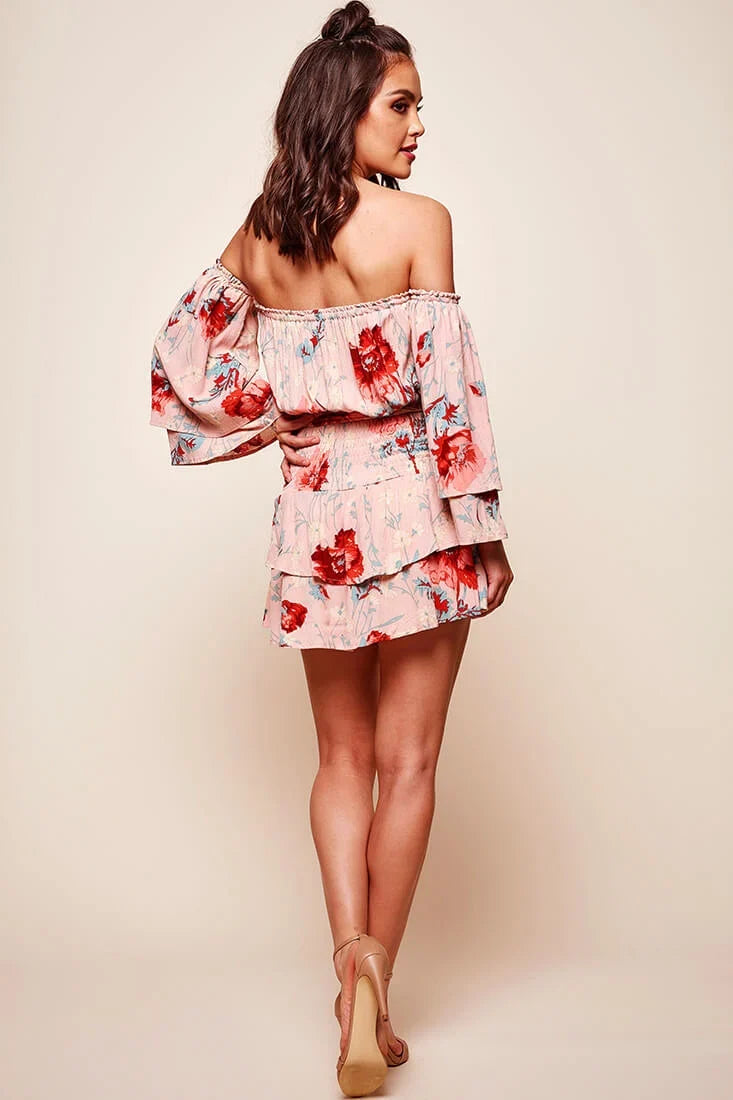 Emory Off Shoulder Shirred Waist Dress Pink
