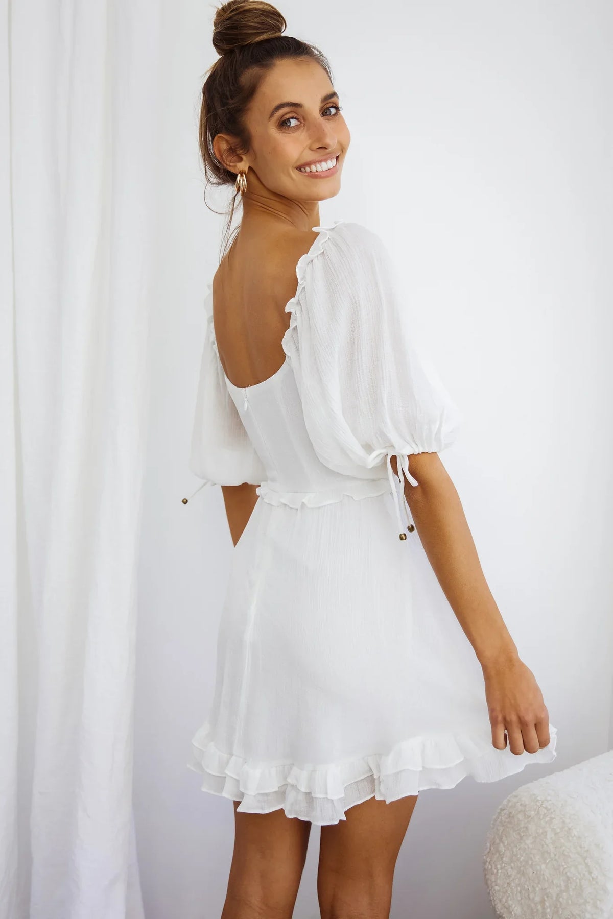 Kirra Puff Sleeve Ruched Bodice Dress White