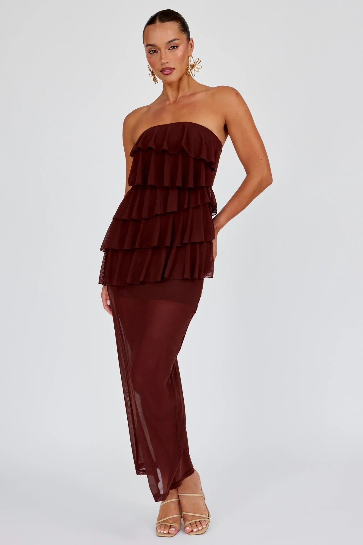 Crewe Strapless Ruffle Maxi Dress Chocolate