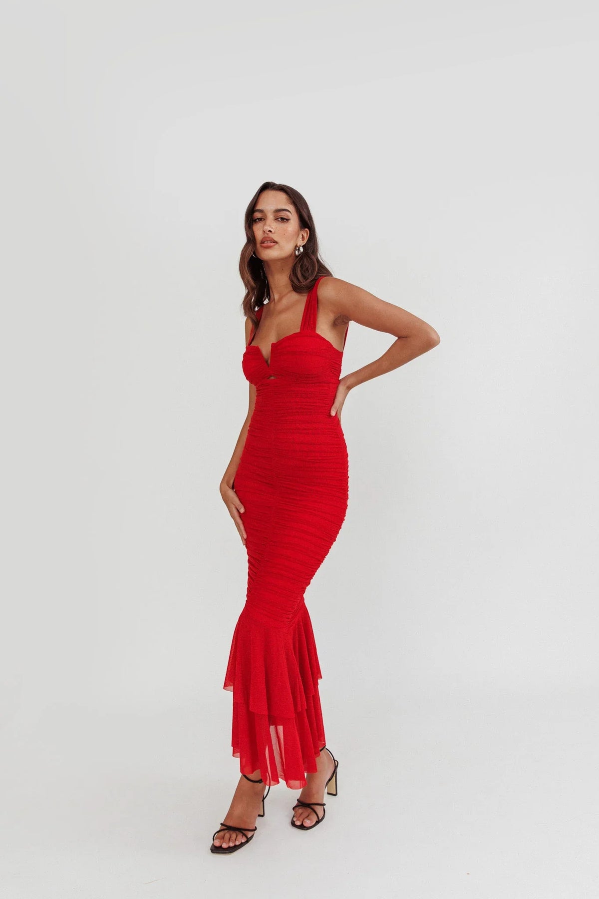 Nadia Ruched Fishtail Maxi Dress Red