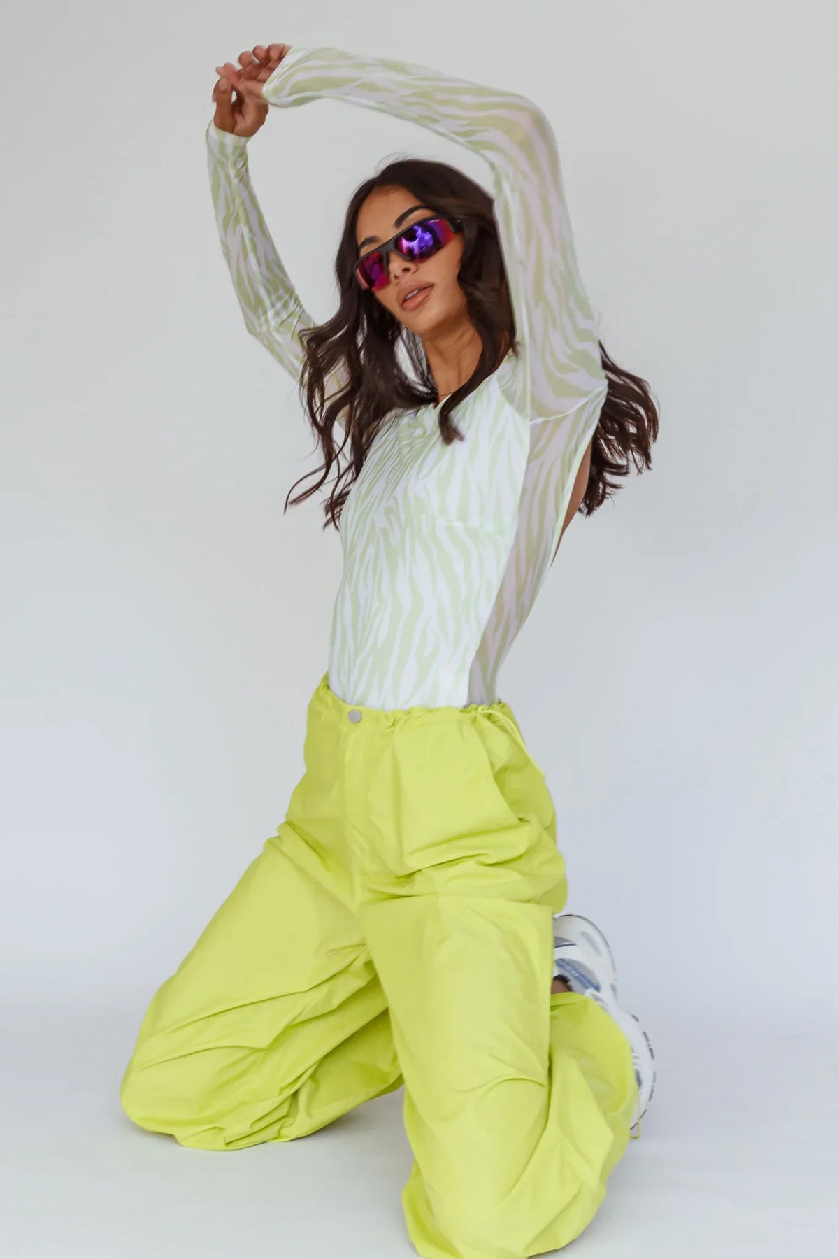 Juni Long Sleeve Low Back Mesh Bodysuit Tiger Lime