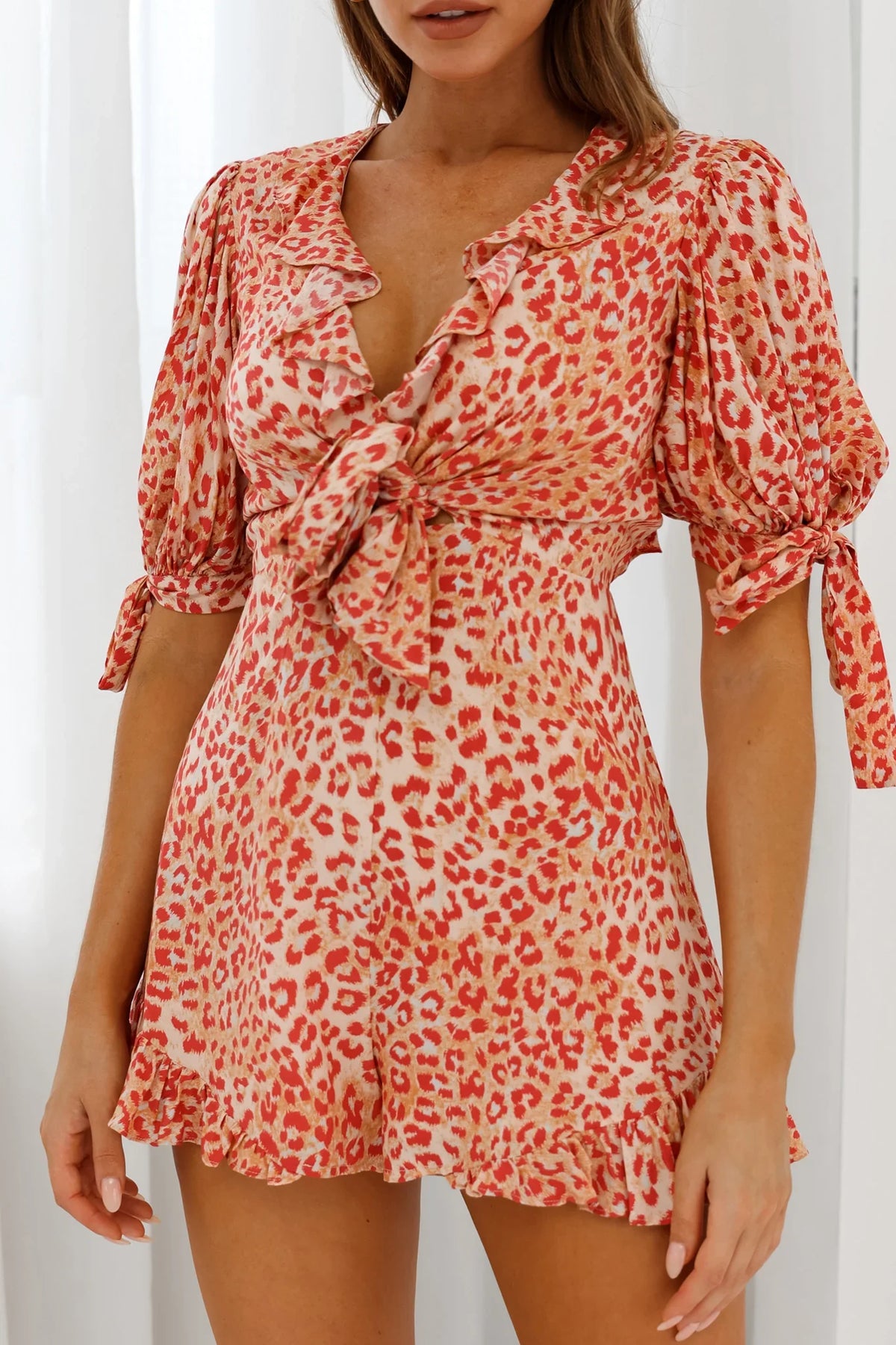 Francine Short Sleeve Tied Bust Romper Leopard Print Orange