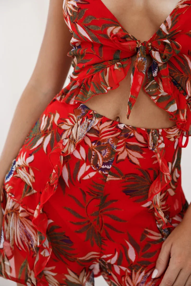 Cancun Cut-Out Bust Tie Romper Tropical Print Red