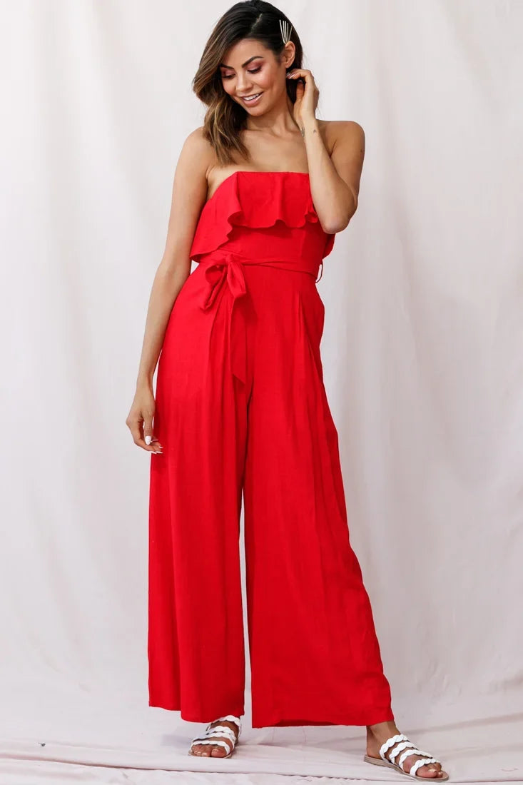 Hamilton Bandeau Ruffle Wide Leg Jumpsuit Red