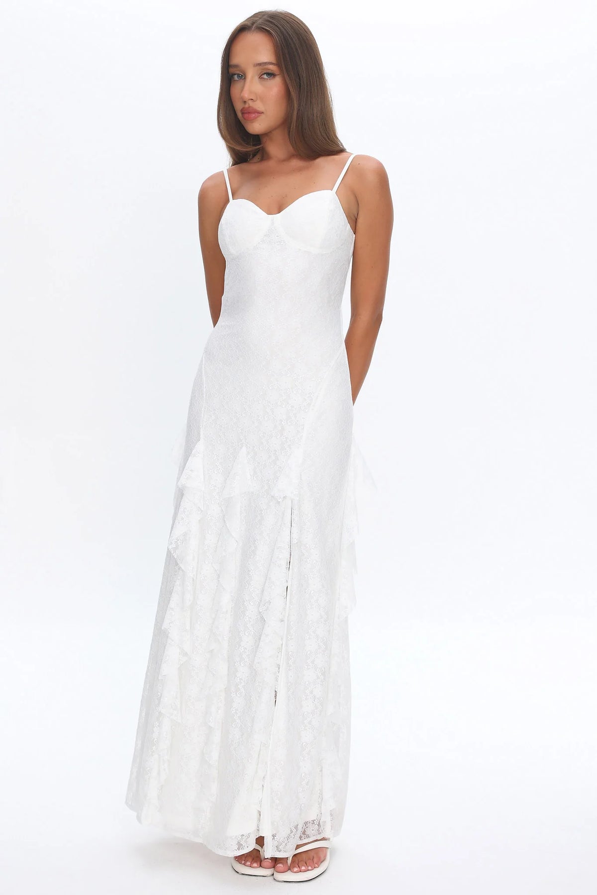 Onique Lace-Up Back Split Maxi Dress Lace White