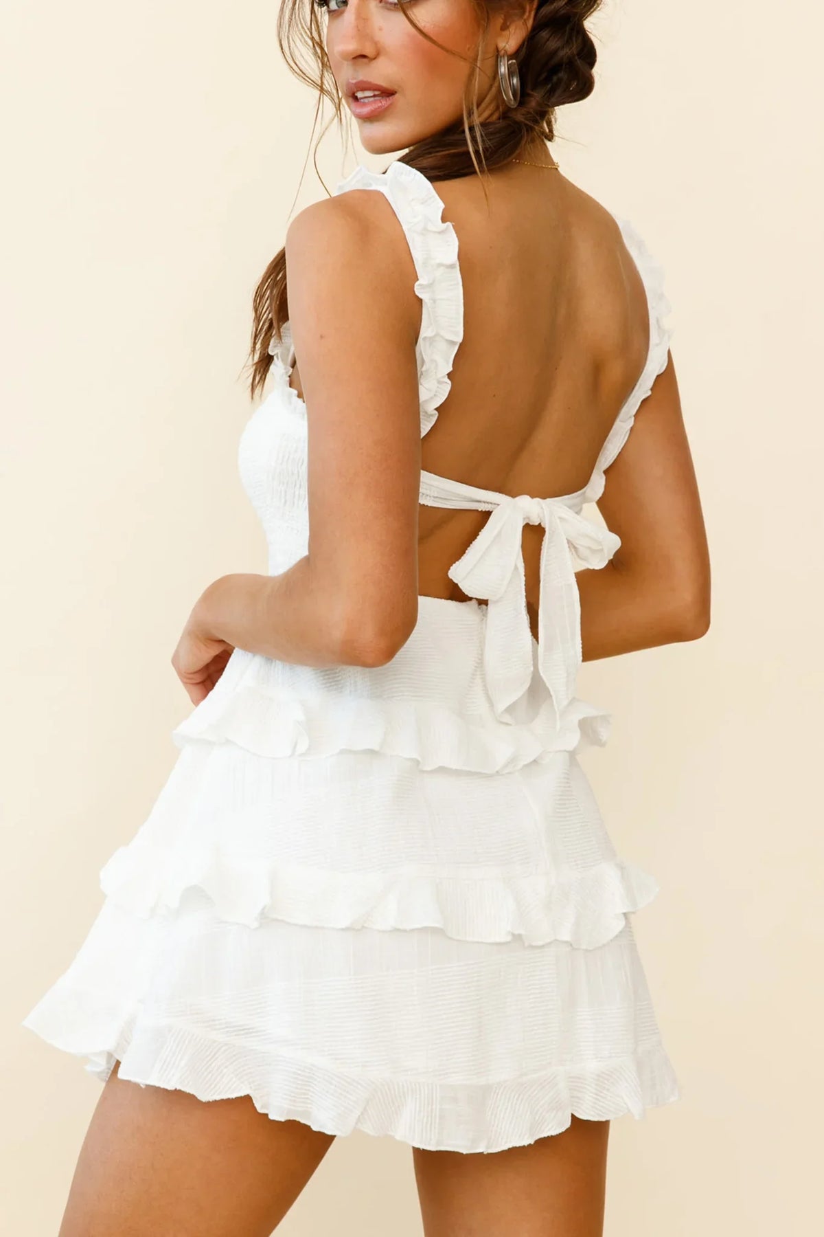 Byron Shirred Bust Frill Strap Dress White