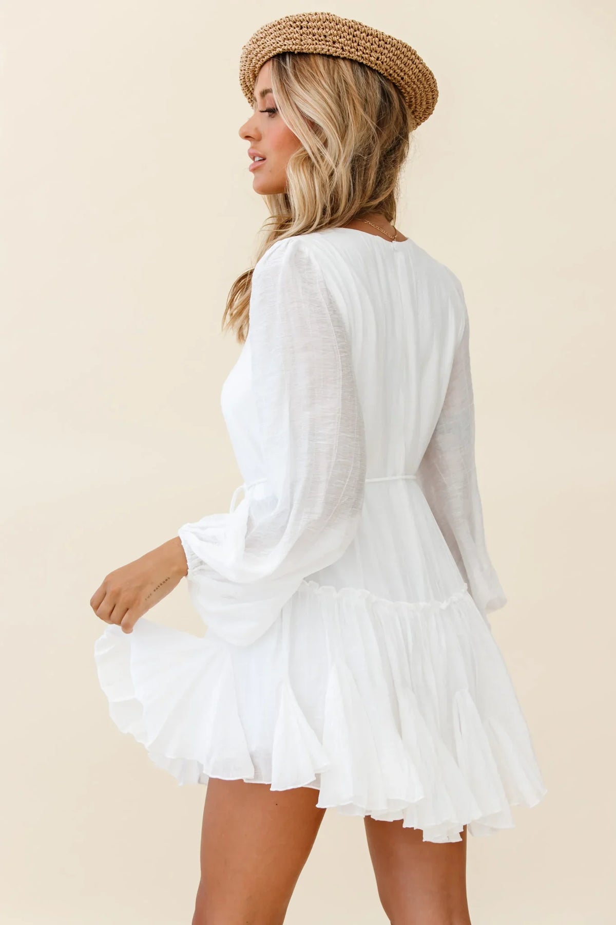 Rosabel Balloon Sleeve Fluted Hem Dress White