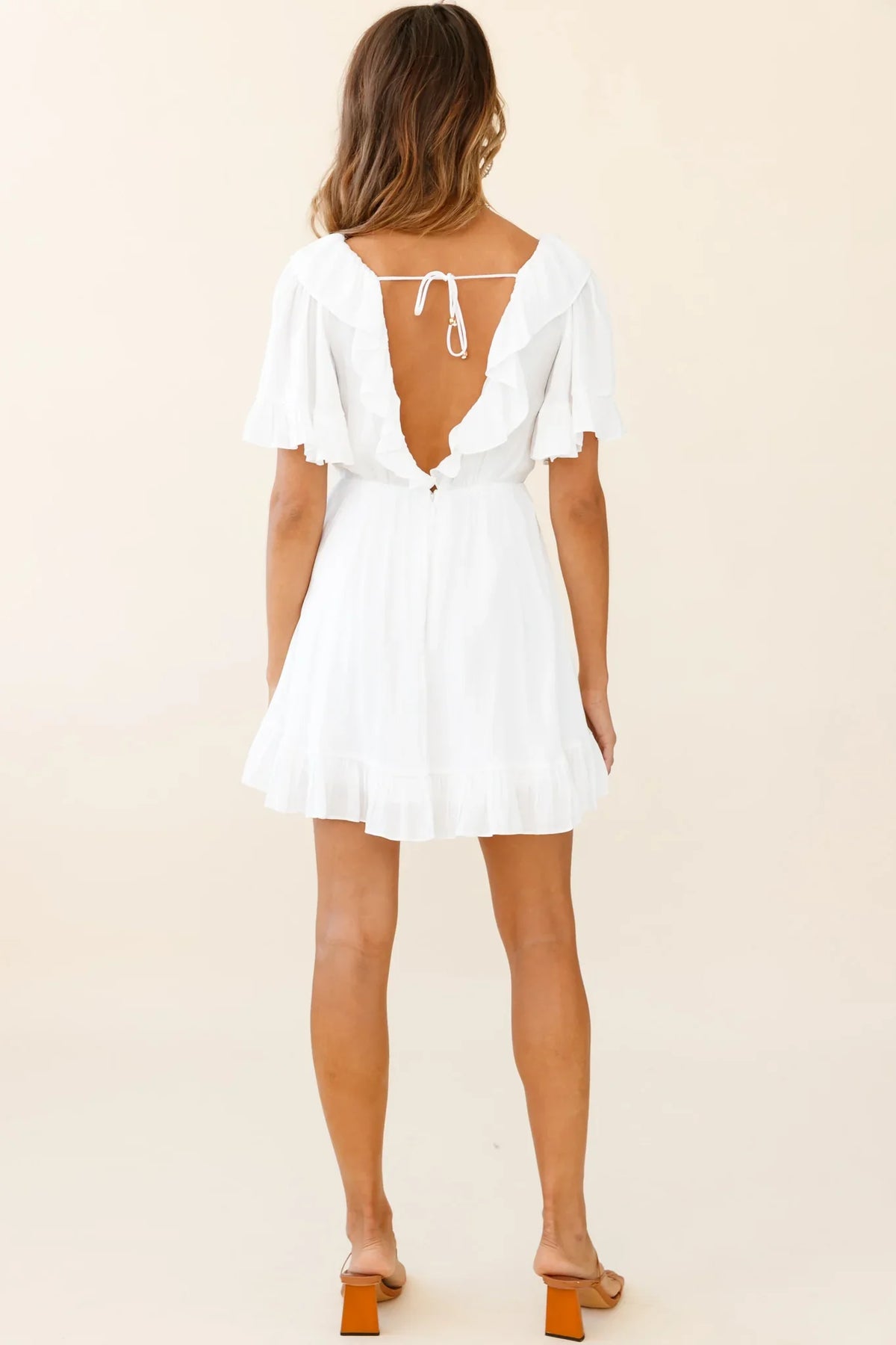 Malika Angel Sleeve Ruffle Trim Dress White