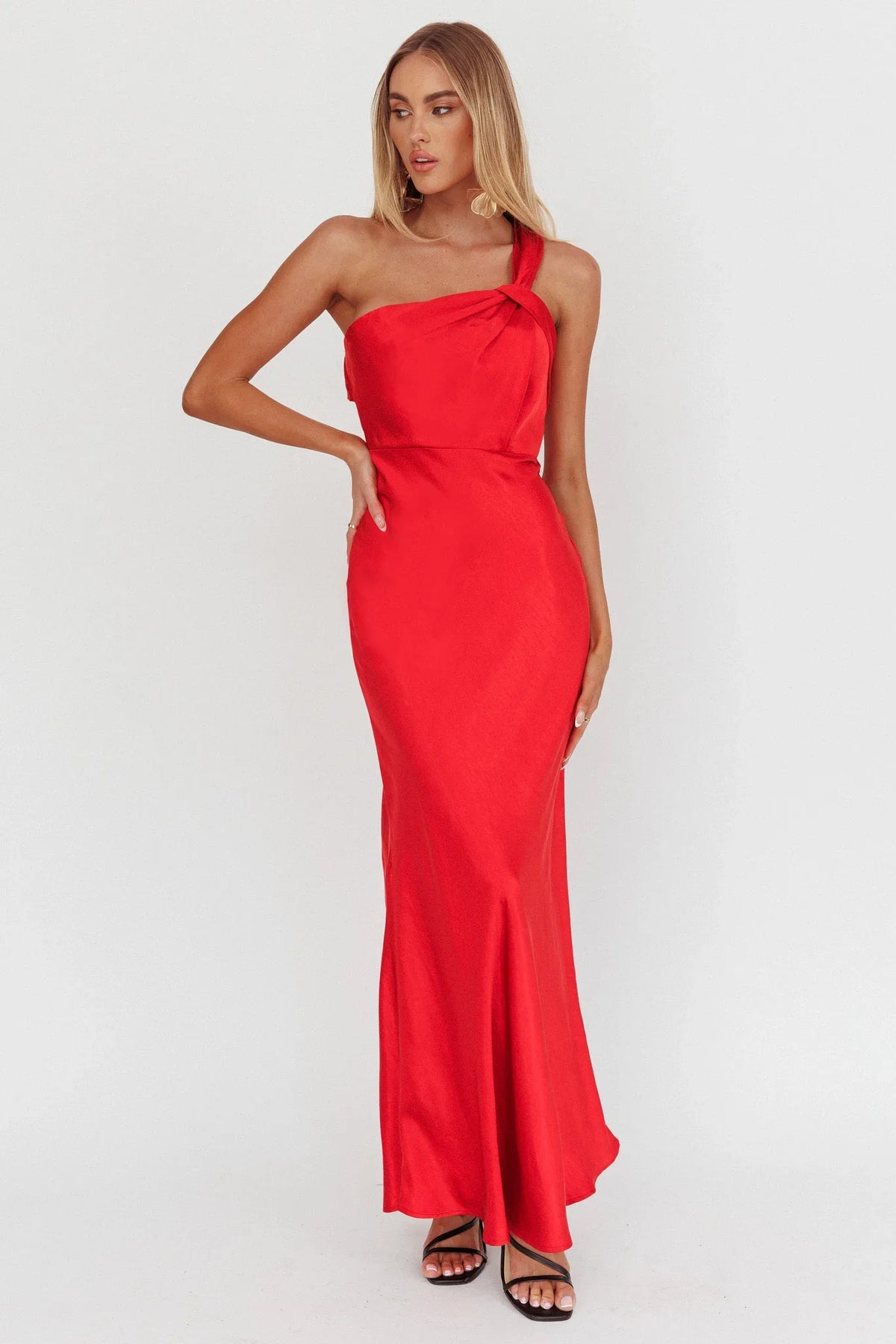 Fly Love Satin One Shoulder Maxi Dress Red