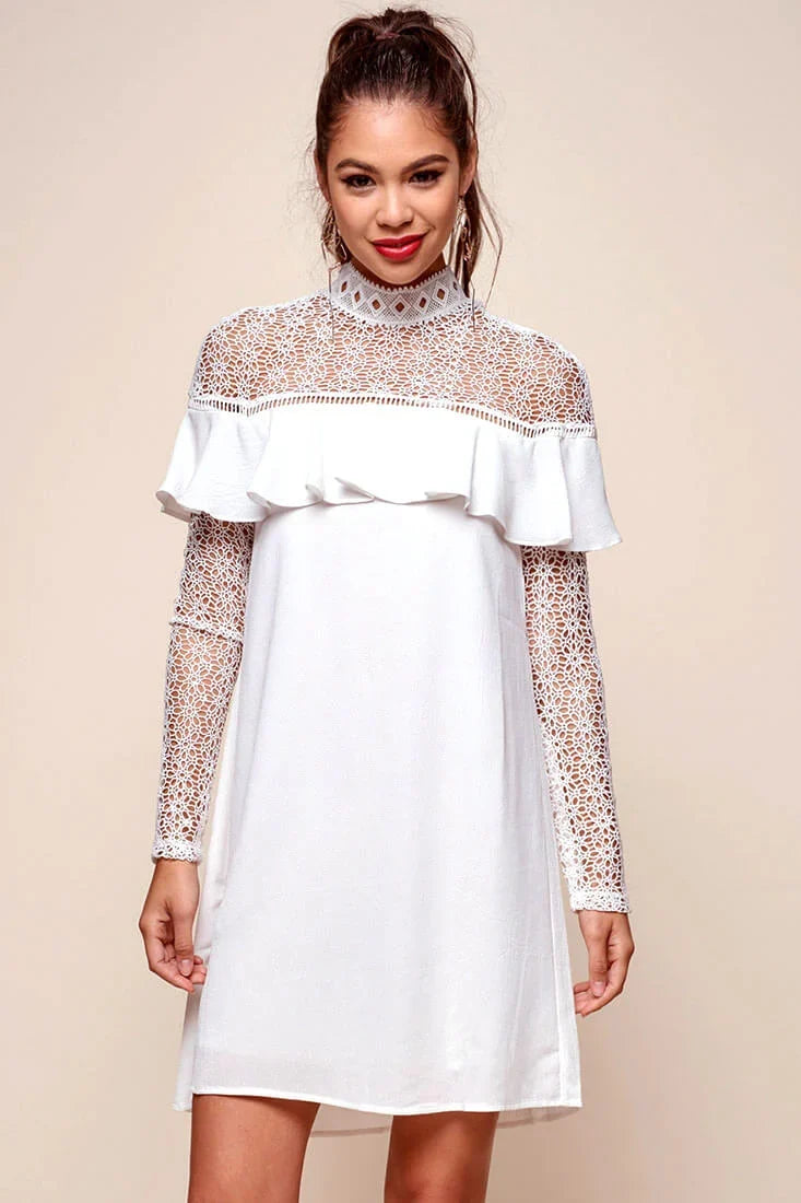 Mendes Lace Detailed High Neck Long Sleeved Dress White