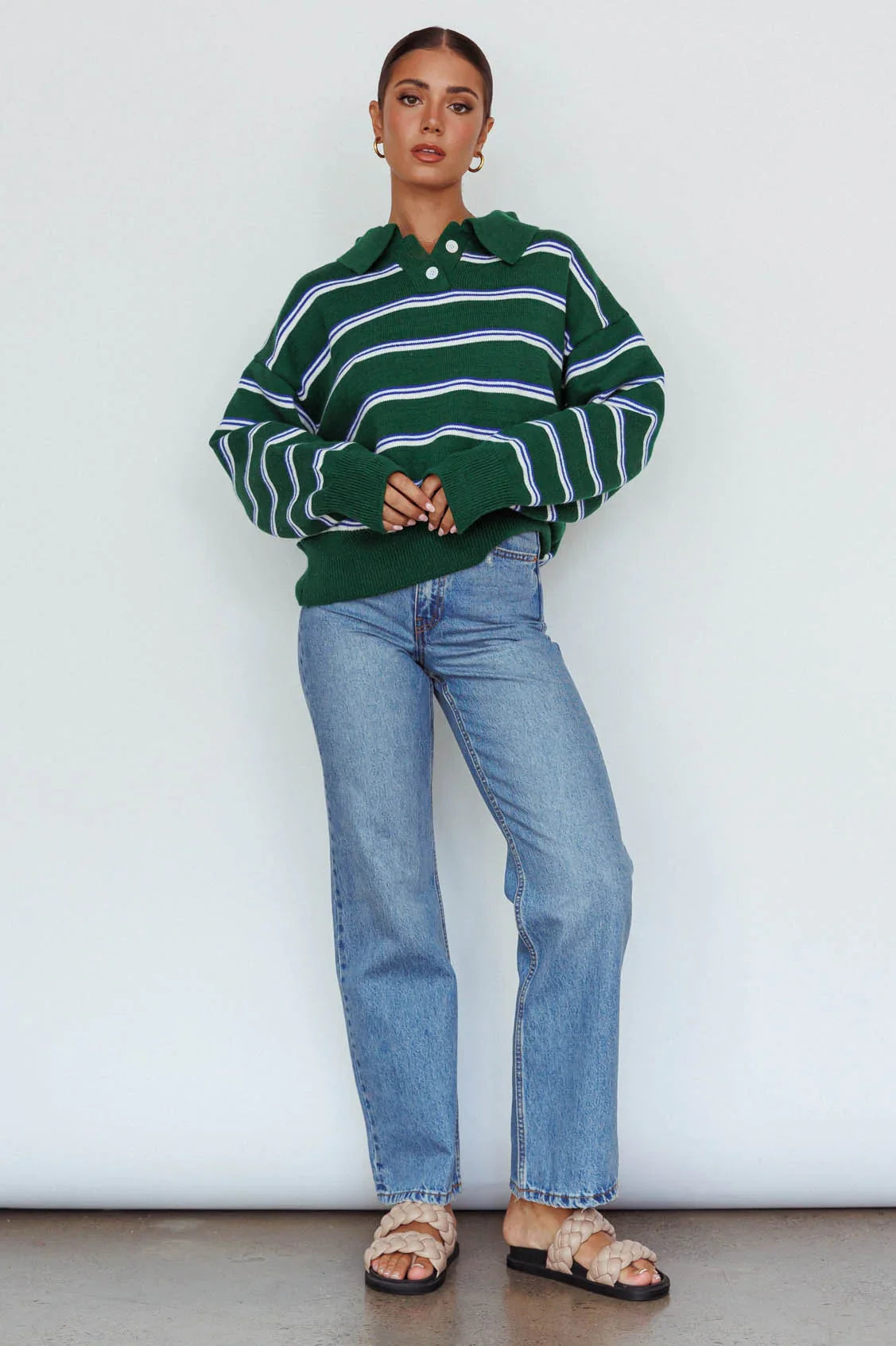 Boston Collared Knit Sweater Striped Forest Green
