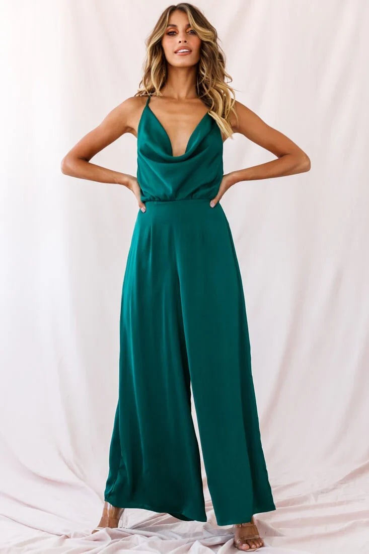 Jaclyn Wide-Leg Cowl Neck Jumpsuit Forest Green