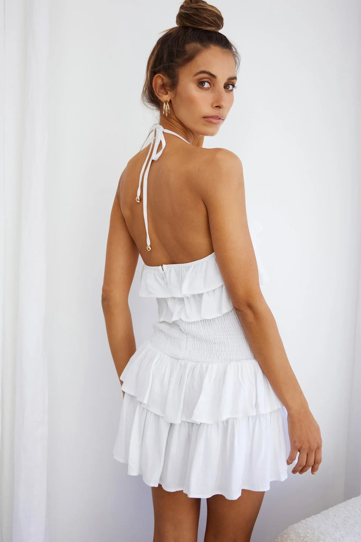 Kristy Halterneck Shirred Bodice Ruffle Mini Dress White