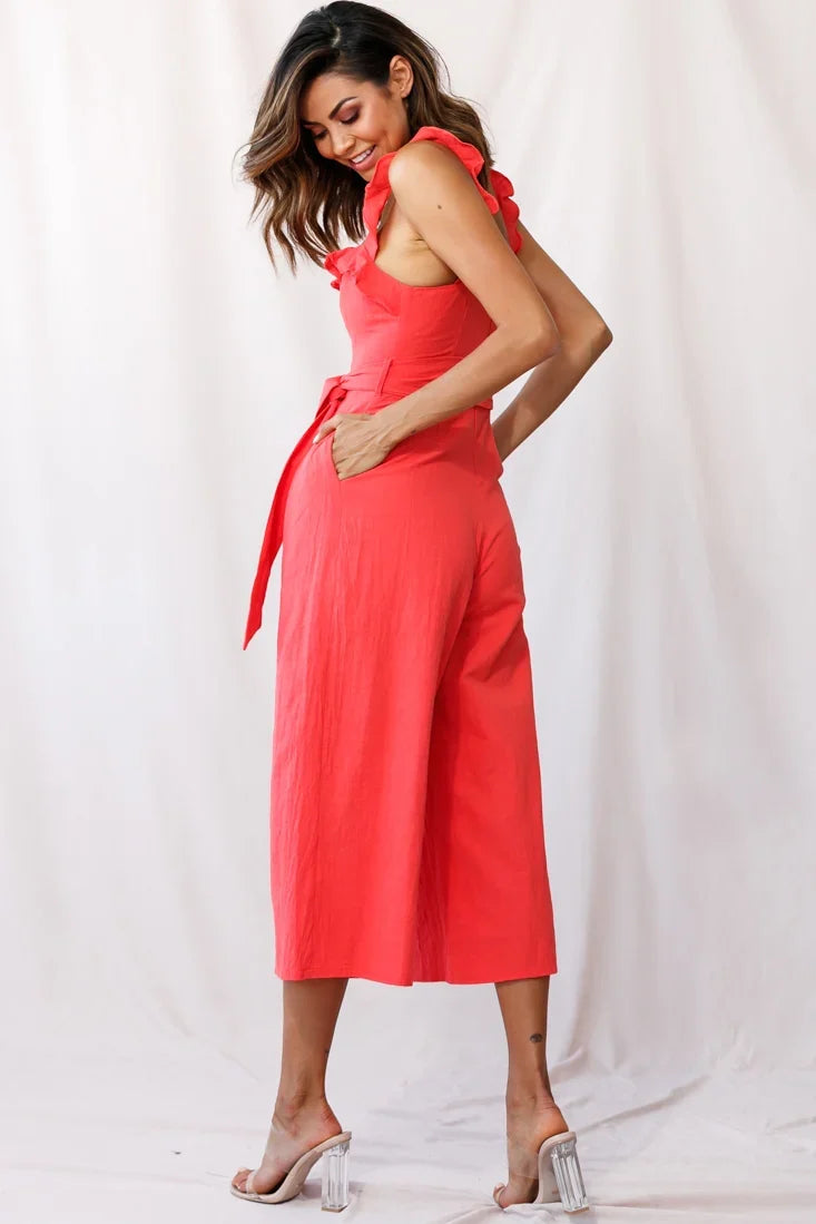 Kaia Ruffle Strap Wide-Leg Capri Jumpsuit Red