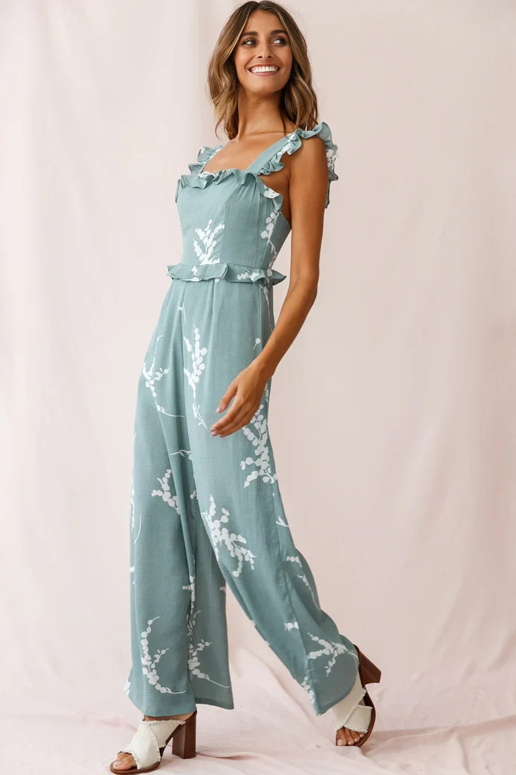 Azure Frill Strap Wide Leg Jumpsuit Sage