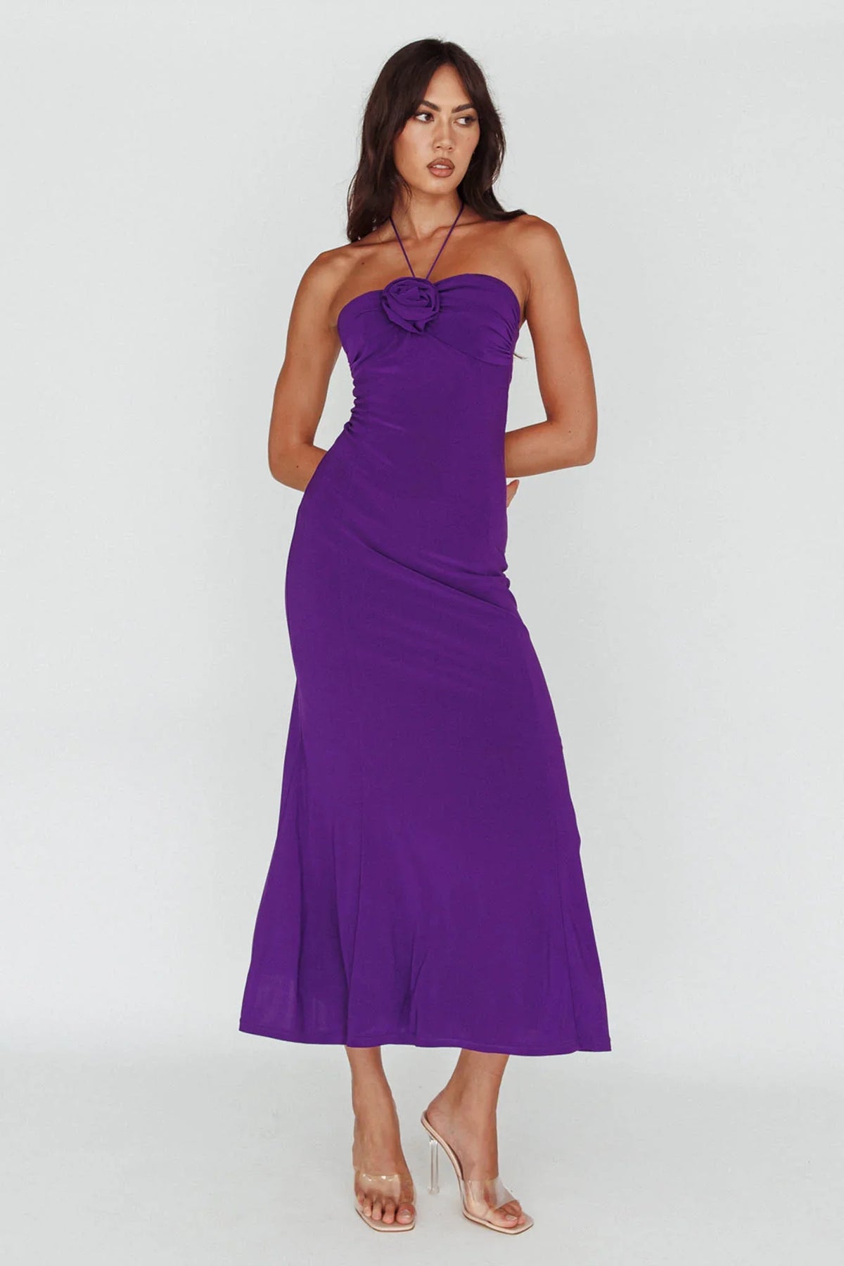 Ibiza Sunset Bust Flower Midi Dress Purple