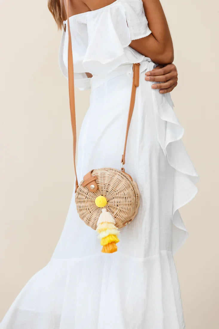 Tulum Woven Circle Tassel Trim Bag Yellow