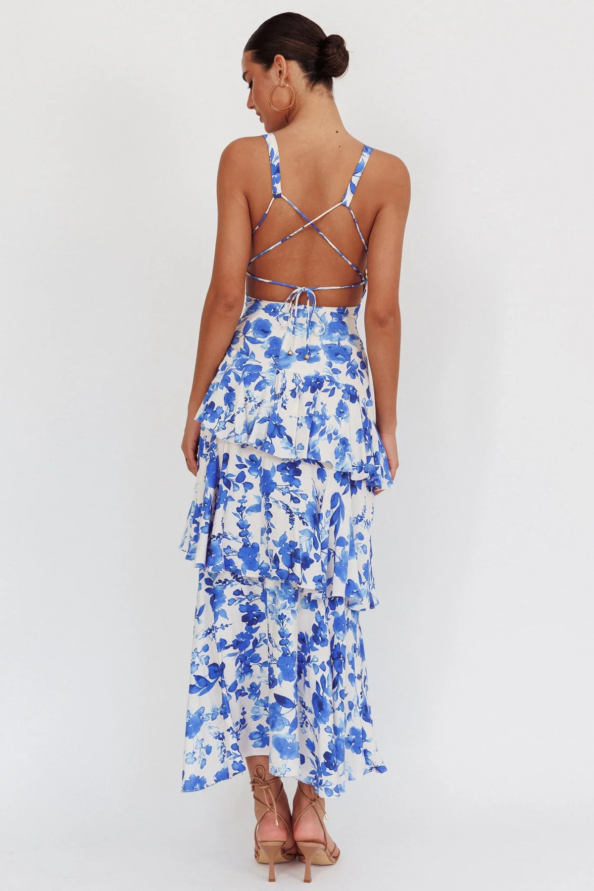 Veda Strappy Back Ruffle Maxi Dress Floral Blue