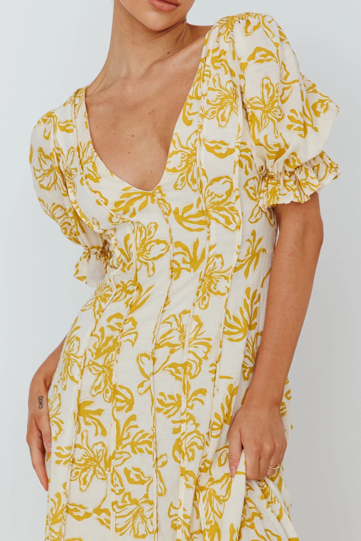 Sitting Pretty Pintuck Pleat Puff Sleeve Dress Yellow