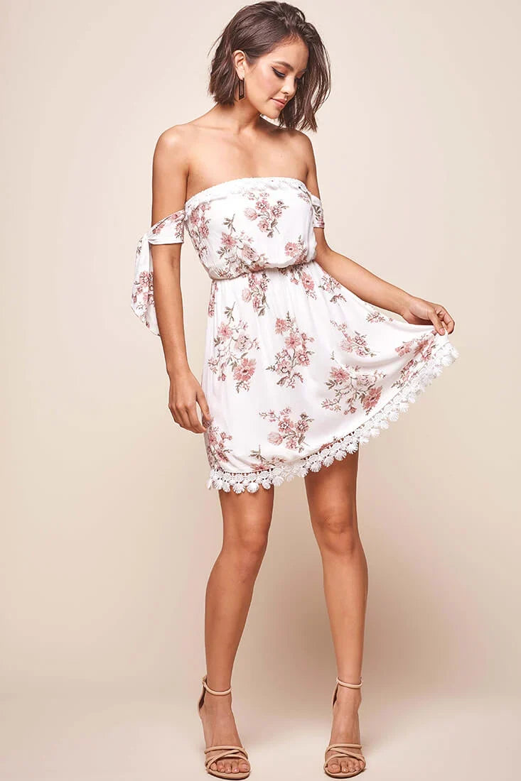 Polly Bardot Embroidery Fringe Dress White