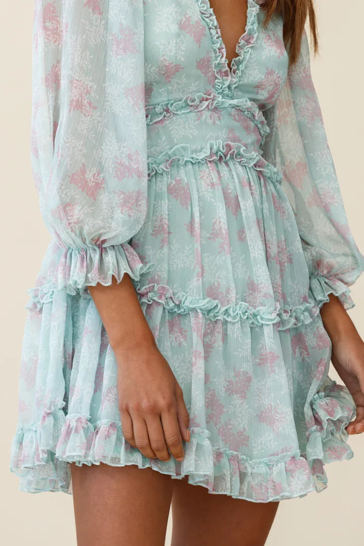 Laney Cutout Back Ruffle Trim Dress Leaves Print Mint