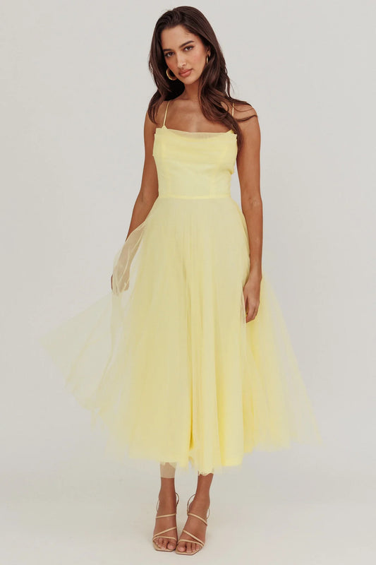 Floating By Pleated Neckline Mesh Midi Dress Yellow