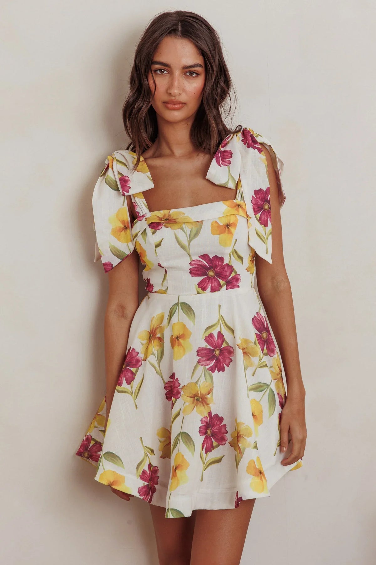 Jeanie Tied Shoulder Mini Dress Flower Purple