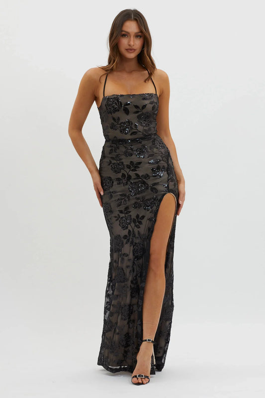 Sparks Fly Sequin Embellished Maxi Dress Black/Nude