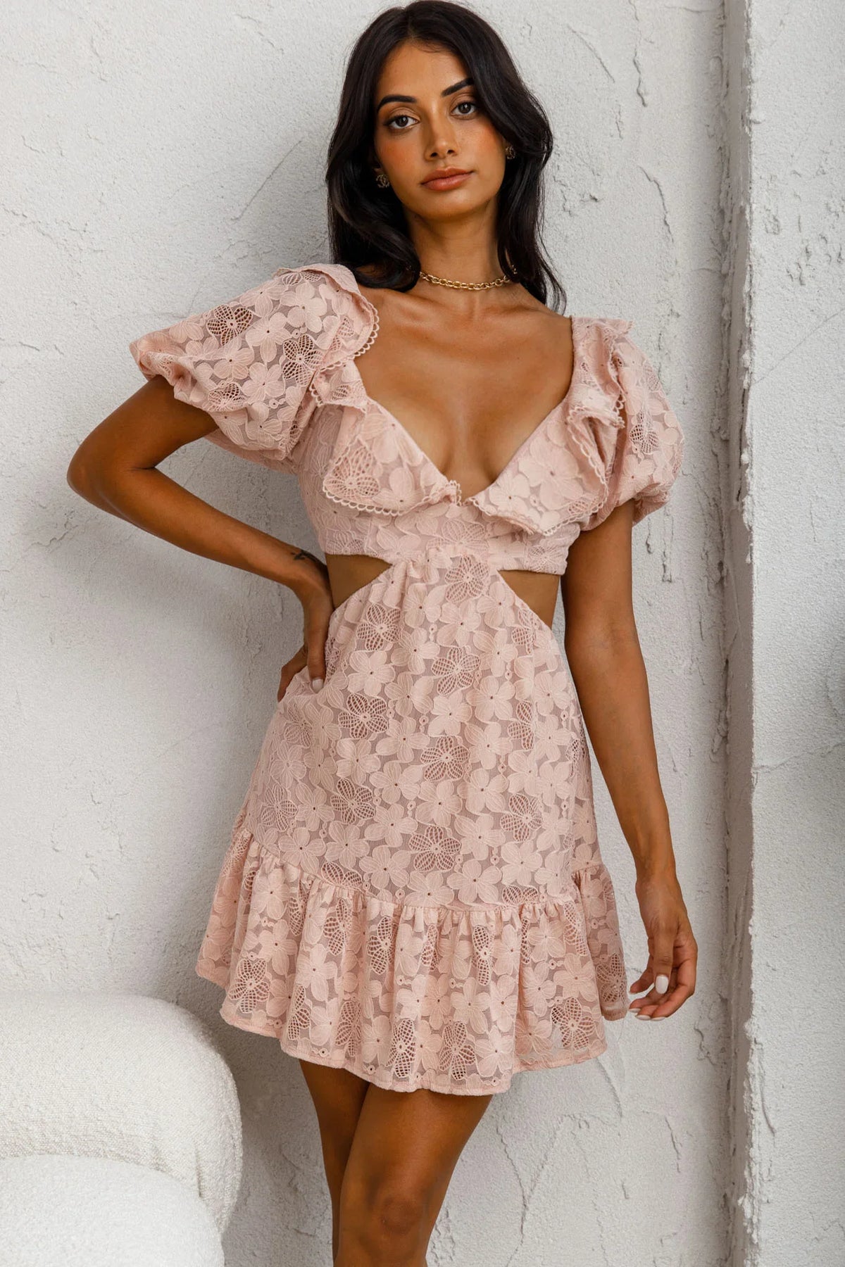 Sweet Life Cut-Out Waist Lace Dress Peach