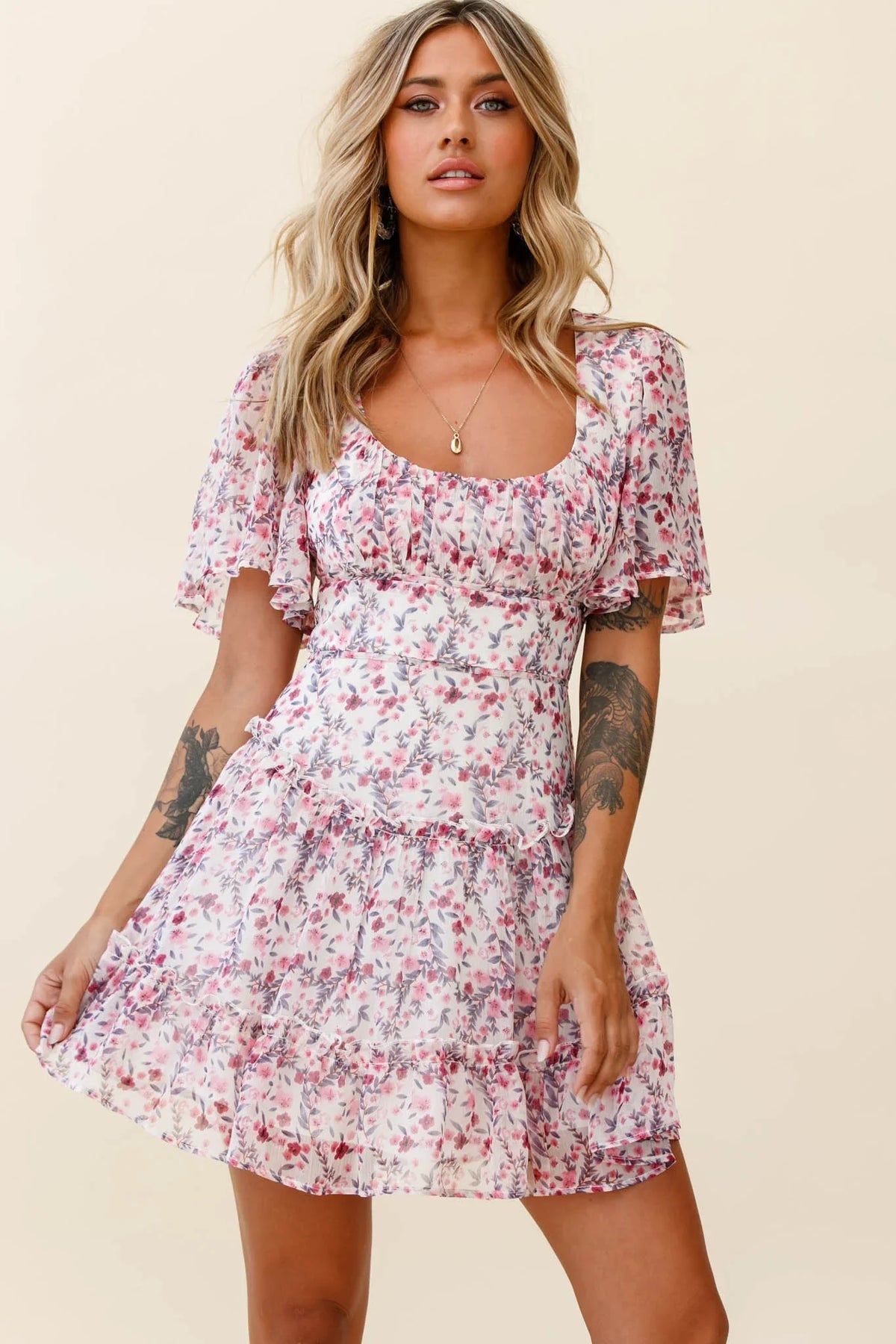 Stolen Moments Angel Sleeve Ruffle Dress Floral Print Pink Multi