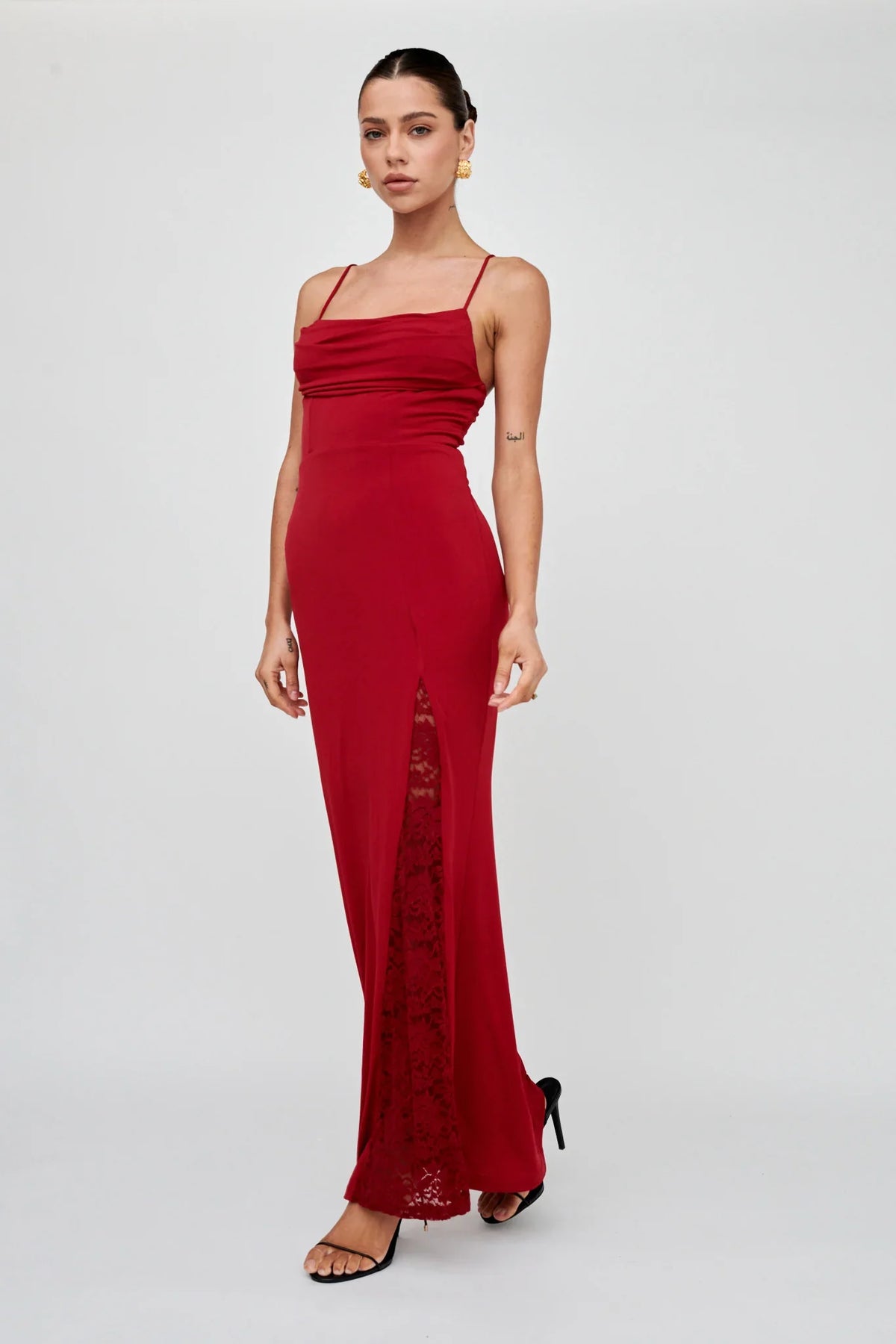 Well Versed Lace Split Maxi Dress Wine