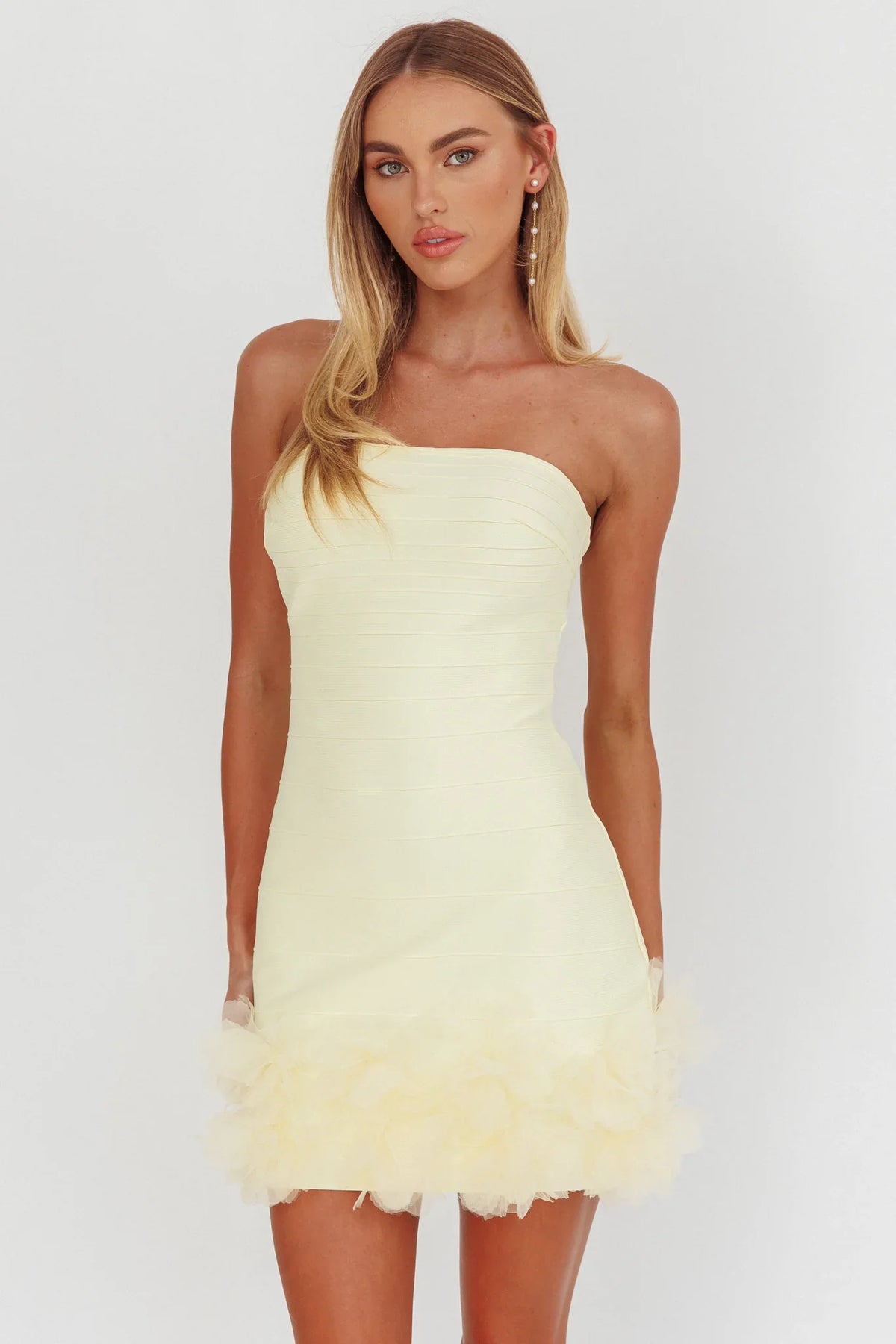 Leni Strapless Embellished Hem Mini Dress Lemon