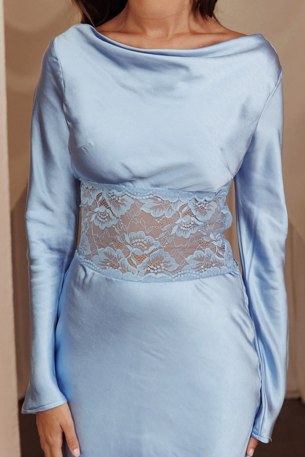 Loveland Lace Insert Cowl Back Dress Blue