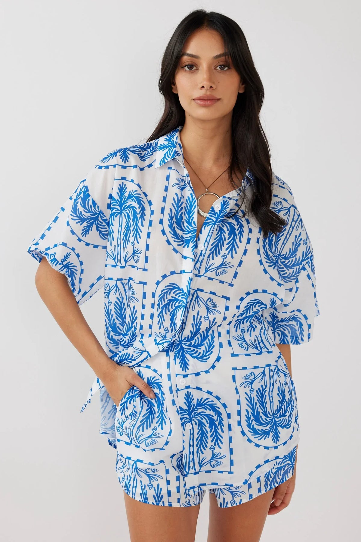 Cora Elastic Waist Shorts Print Blue White