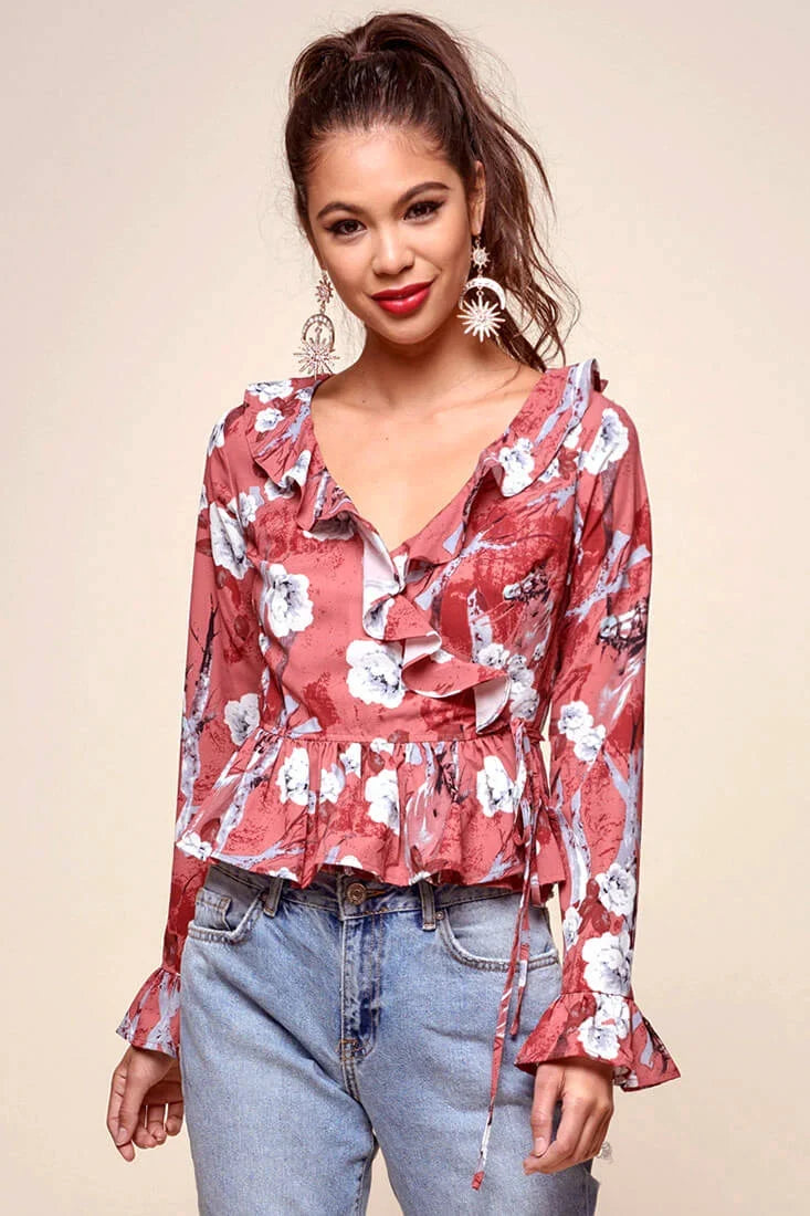 Bellamy Ruffled Bell Sleeve Floral Top Red