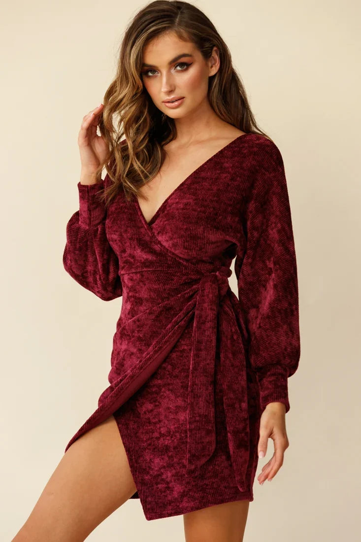 Isolde Ribbed Velour Wrap Dress Plum
