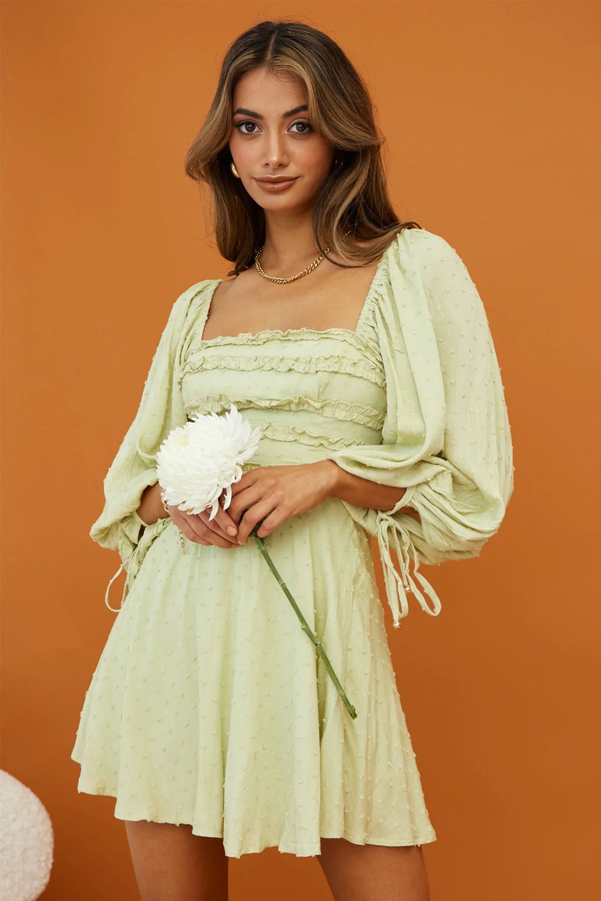 Illia Three-Quarter Balloon Sleeve Frill Bodice Dress Apple