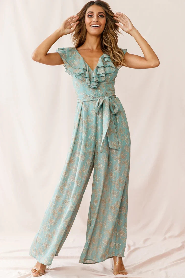 Marcia Ruffle Strap Wide Leg Jumpsuit Floral Print Sage