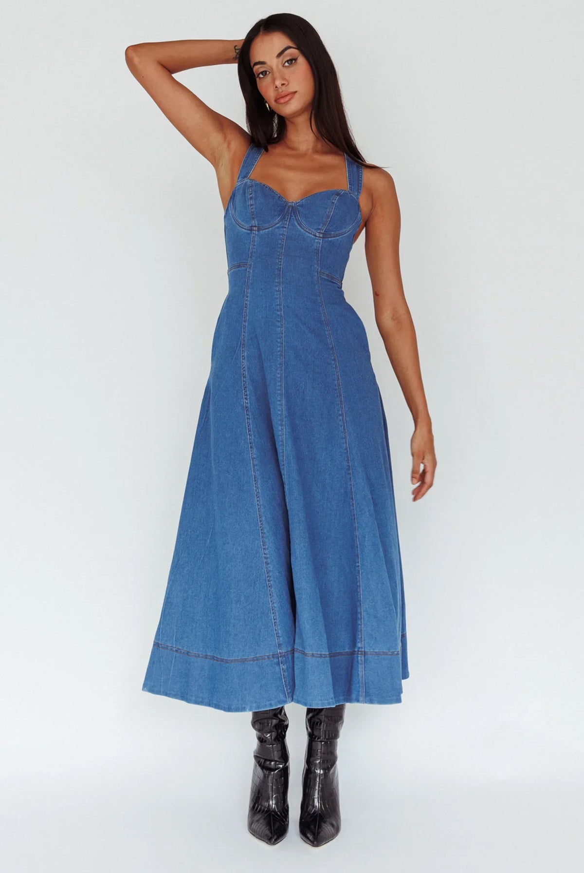 Ellora Criss-Cross Back Denim Maxi Dress Navy