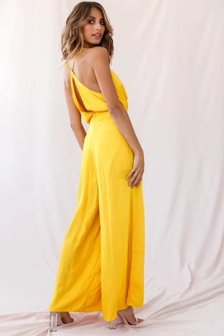 Jaclyn Wide-Leg Cowl Neck Jumpsuit Mustard