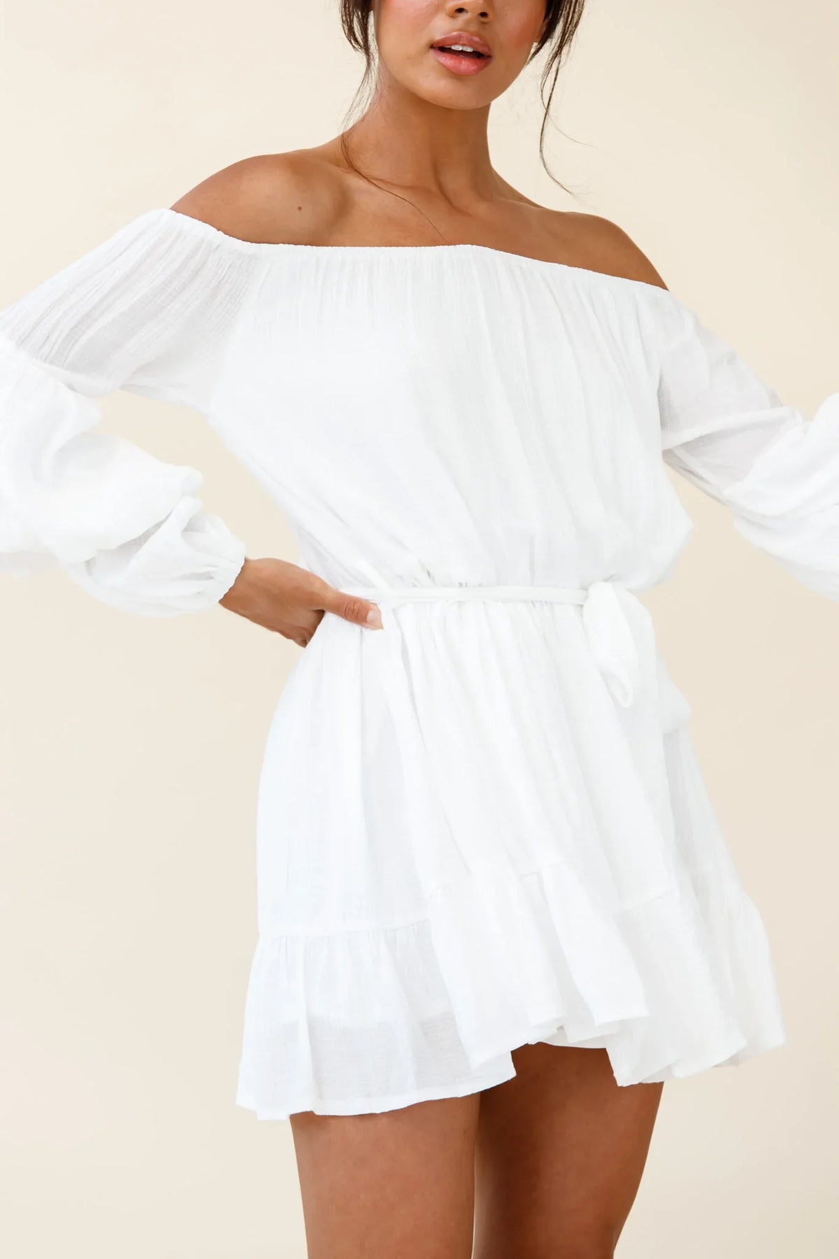 Frida Off-Shoulder Waist Tie Dress White