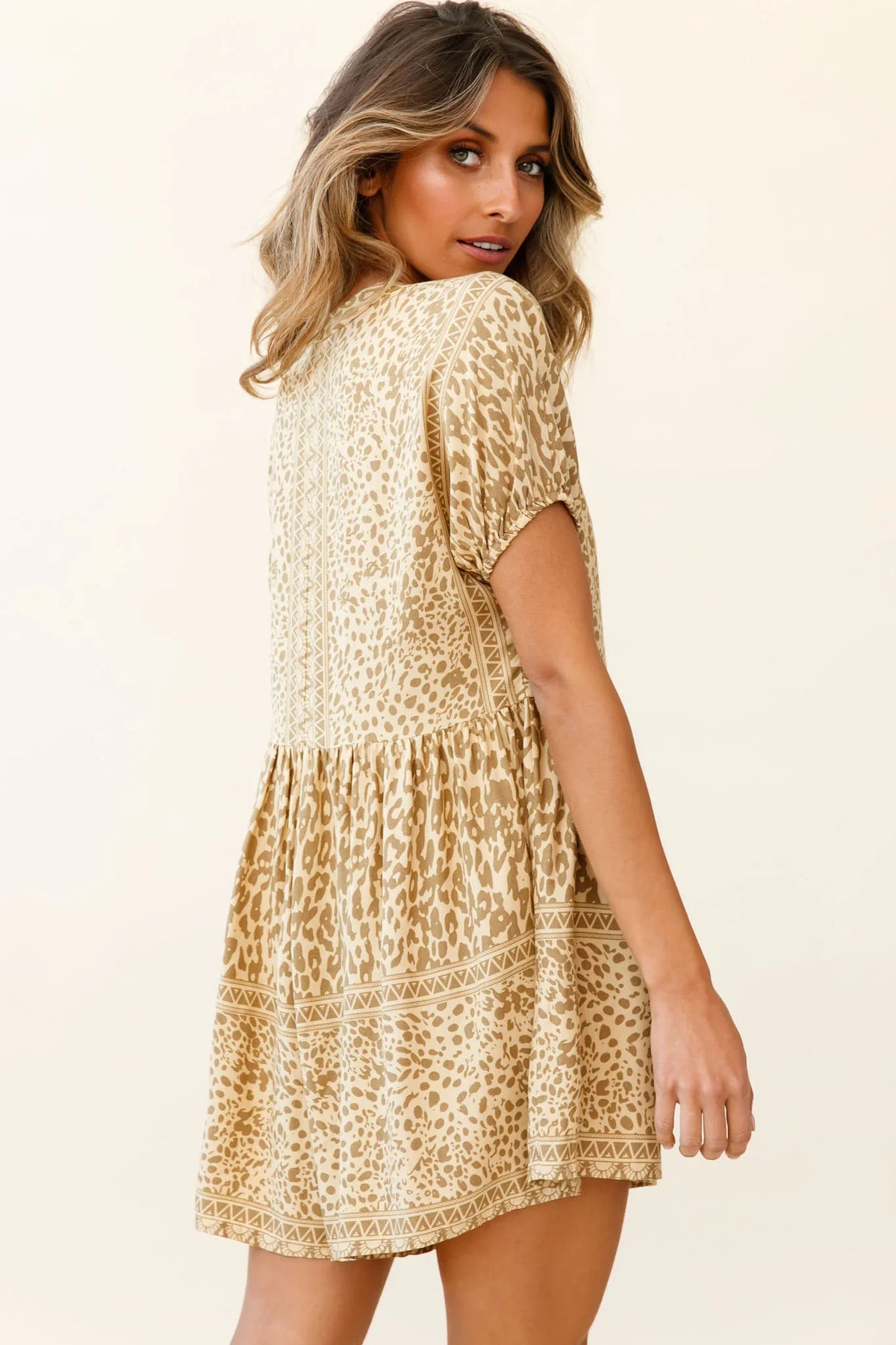Time Flies Puff Sleeve T-Shirt Romper Animal Print Khaki