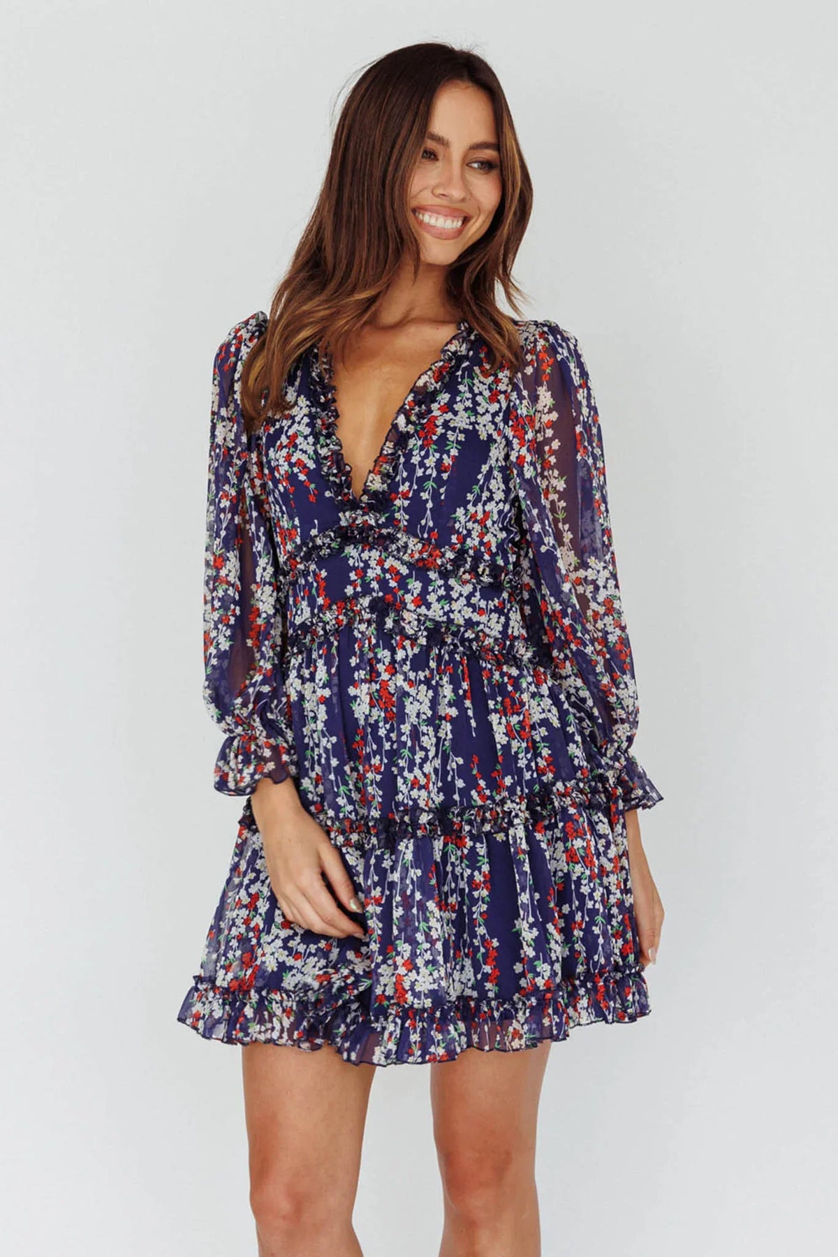 Laney Cutout Back Ruffle Detail Floral Dress Navy